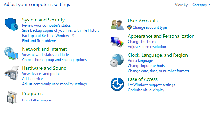 control panel windos 10