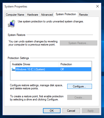 configure system protection win 10