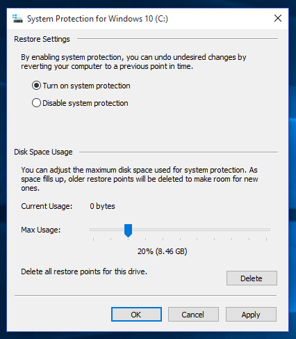turn on system protection windows 10