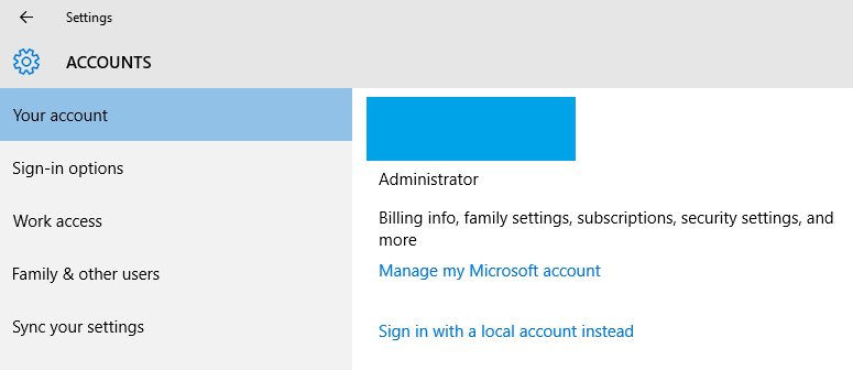 windows 10 your account