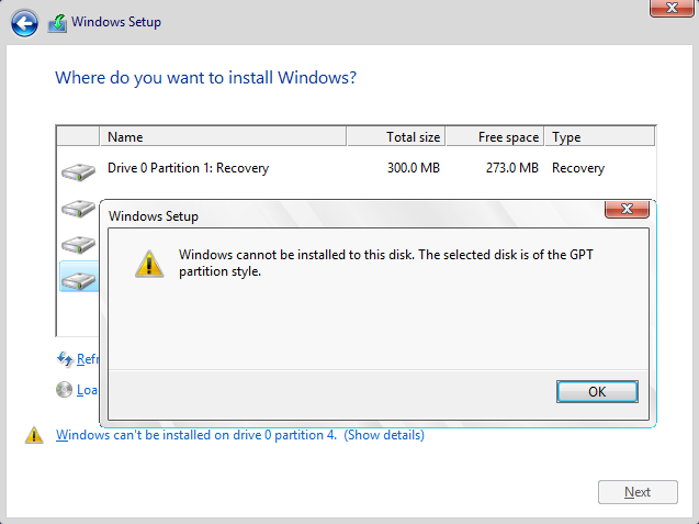 Windows cannot be installed to this disk. The selected disk is of the GPT partition style