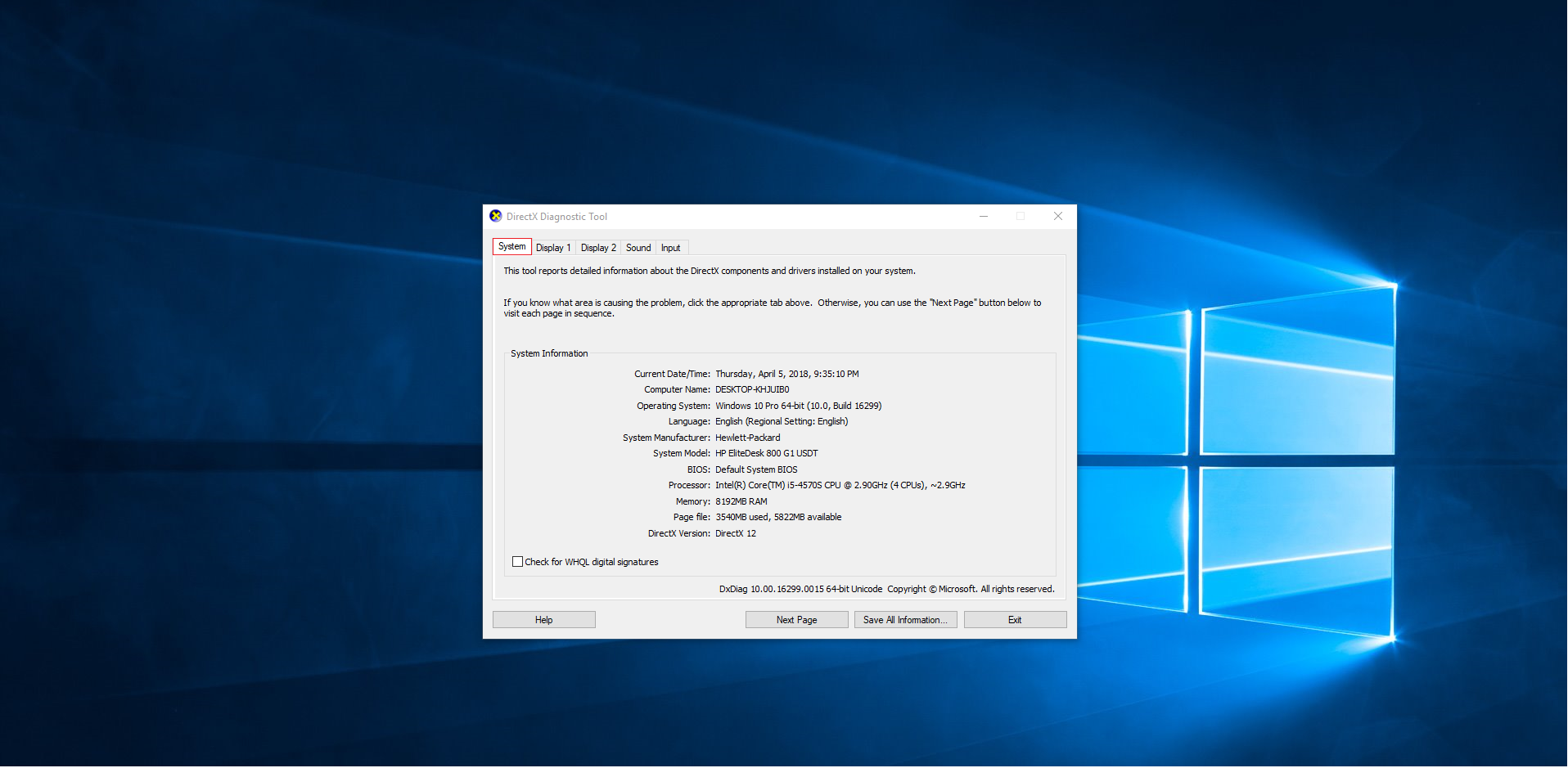 dxdiag windows 10 update